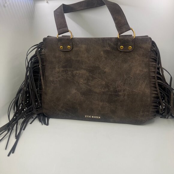 Steve Madden Boho Fringe Shoulder Bag Western Style Tote Purse NWT Brown Tan - Picture 6 of 13
